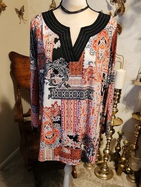 Susan Graver Black, Orange & White Paisley V-Neck Tunic